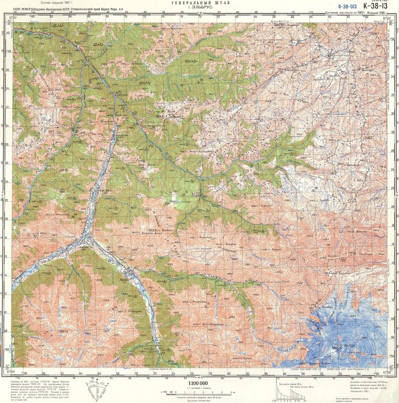 Soviet military mapping – topographic map of the Elbrus mountain.