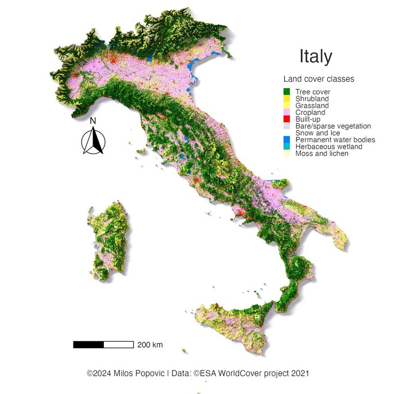 Chorochromatic map showing land cover of Italy