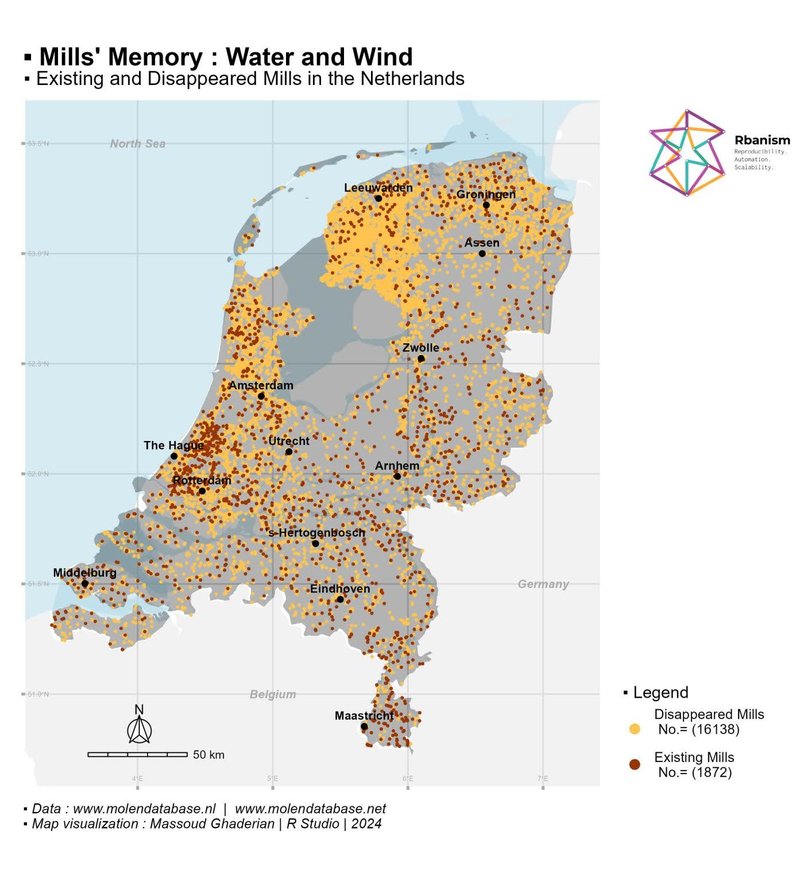 A map of the Netherlands showing windmills and watermills