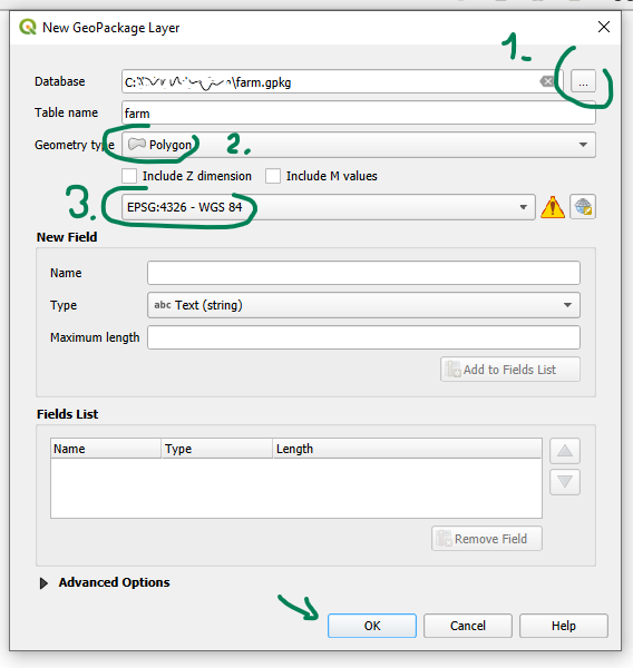 Creating a new vector layer in Geopackage format in QGIS.