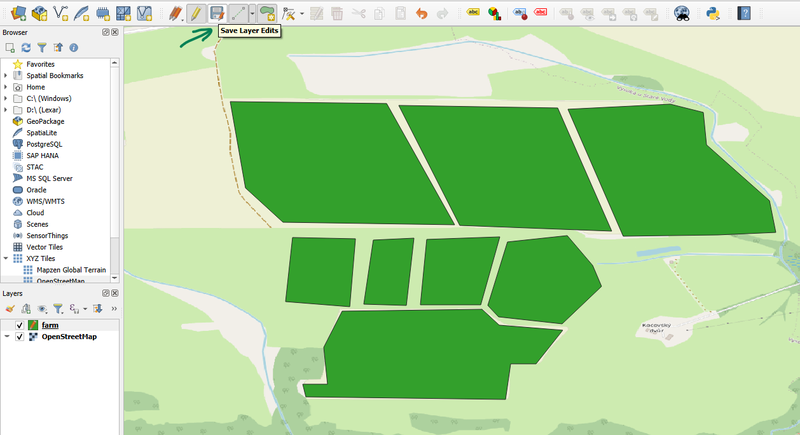 Several fields vectorised in the layer “farm”