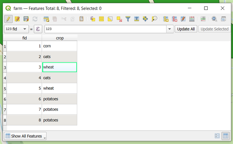 Attribute table for the vector layer “farm” with a “crop” attribute filled with values of a crop type. Each row represents one field in a farm.
