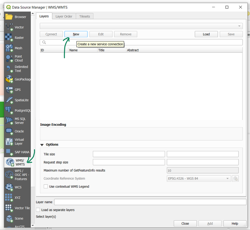 Data Source Manager for WMS/WMTS connection.