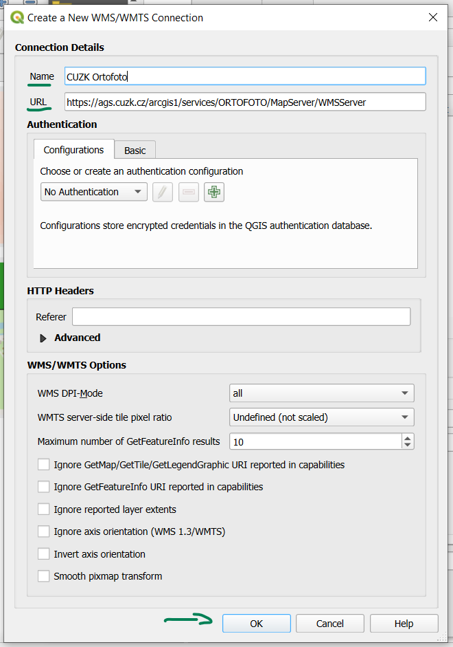 Correctly specified connection to a WMS server in QGIS