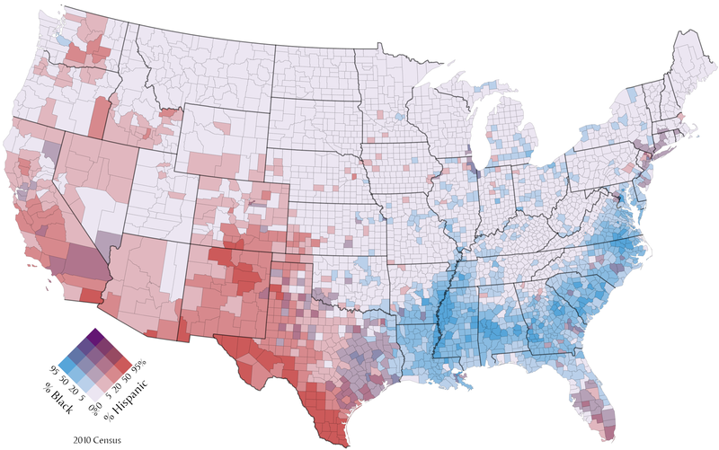 A thematic (choropleth) map visualising proportion of black and hispanic population in the United States as of 2010