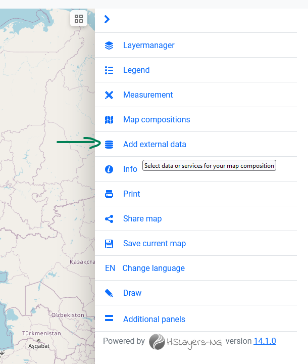 An HSLayers-based WebGIS application with expanded menu and “Add external data” highlighted.