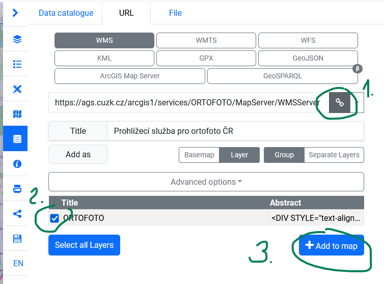 The provided WMS server only offers one layer “ORTOFOTO”, which is being added to the map.