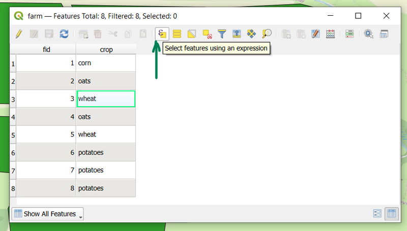 Attribute table of the vector layer “farm” and the “Select features using an expression” button highlighted.