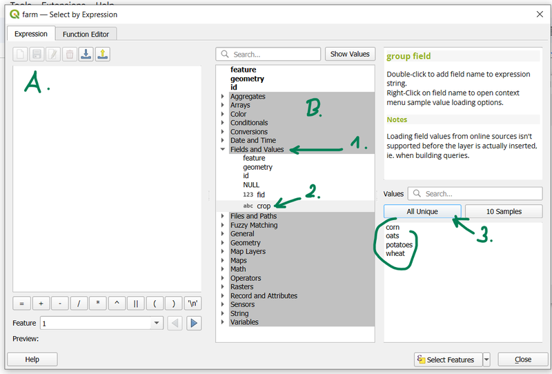 Select by Expression window showing four unique values (corn, oats, potatoes and wheat) of the attribute “crop” of the layer “farm”.