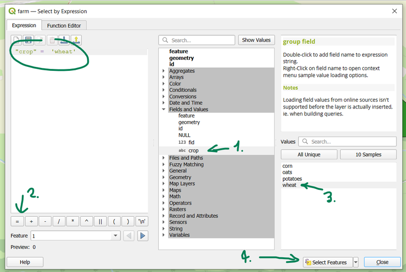 “Select by Expression” window with a query to select all wheat fields.