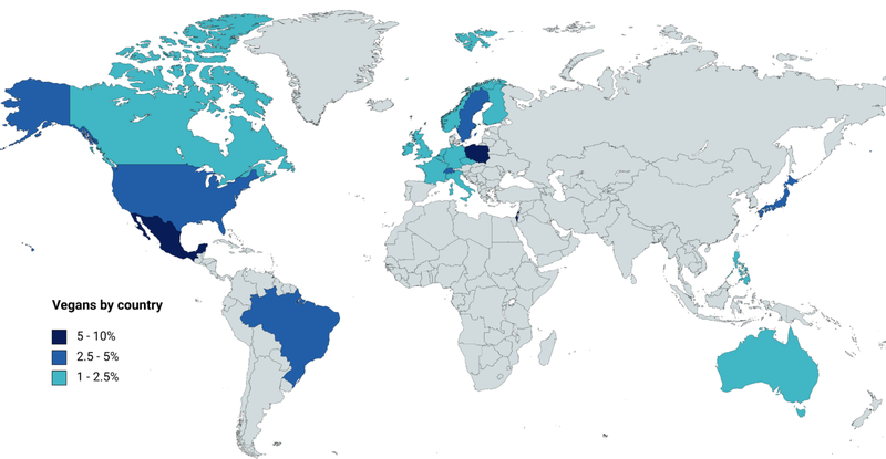 Choropleth map of the world visualising a percentage of population that claims to be vegan.